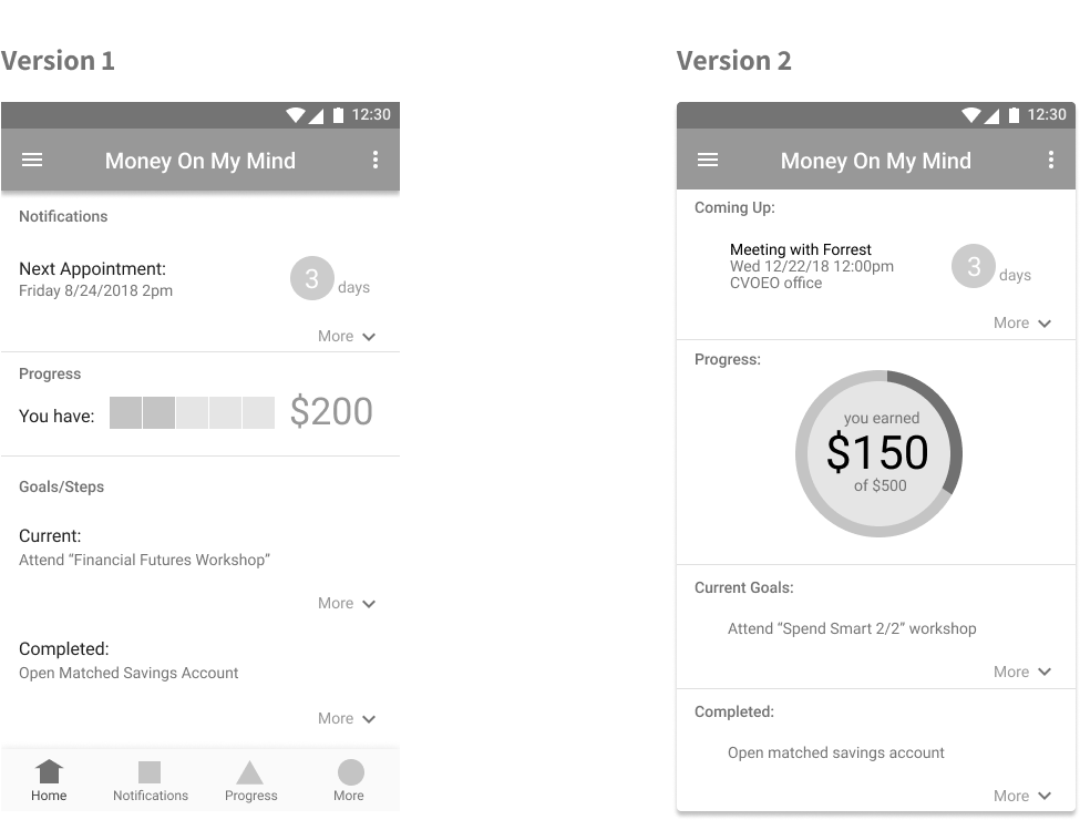 Money on my Mind wireframes before and after