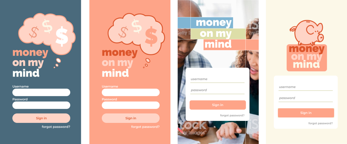 Money on my Mind login page mock-ups