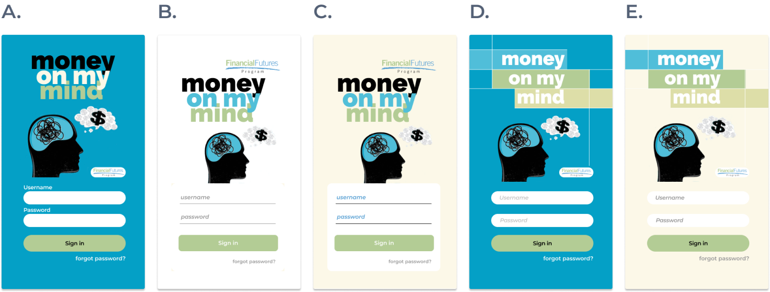 Money on my Mind login page mock-ups