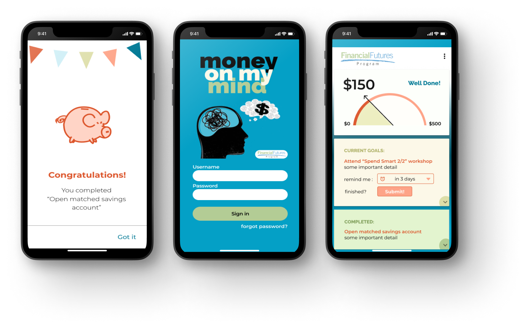 screenshots of Money on My Mind mobile application