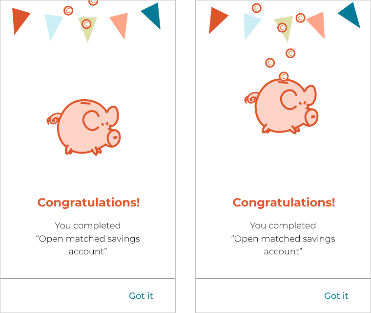 Success screen with jumping piggy bank