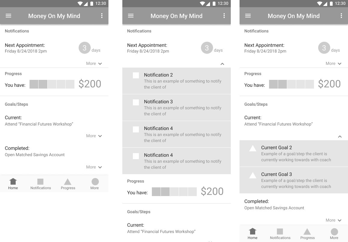 Money on my Mind wireframes